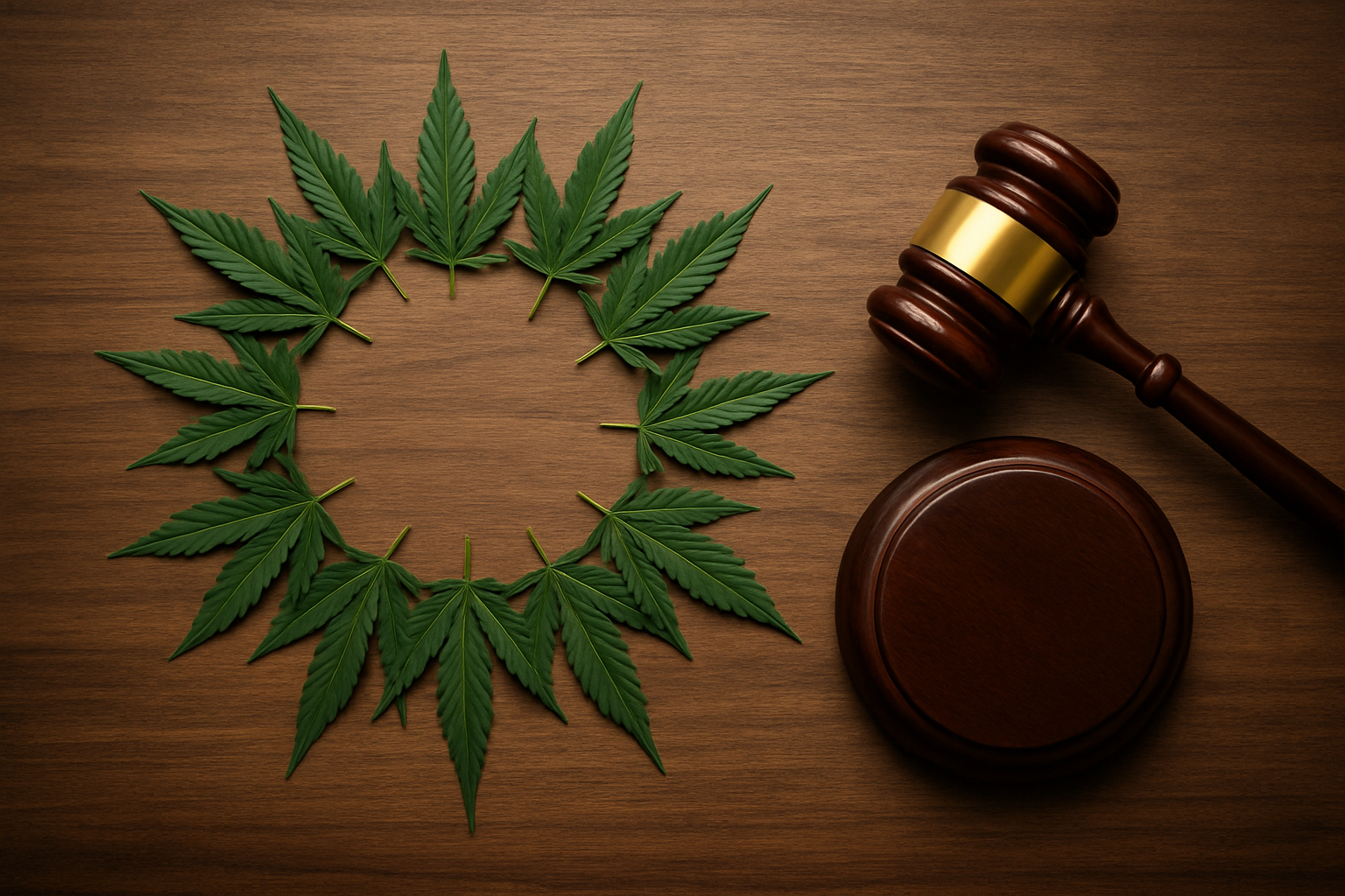 A circular arrangement of cannabis leaves next to a gavel on a wooden surface, symbolizing legality and policy around ca