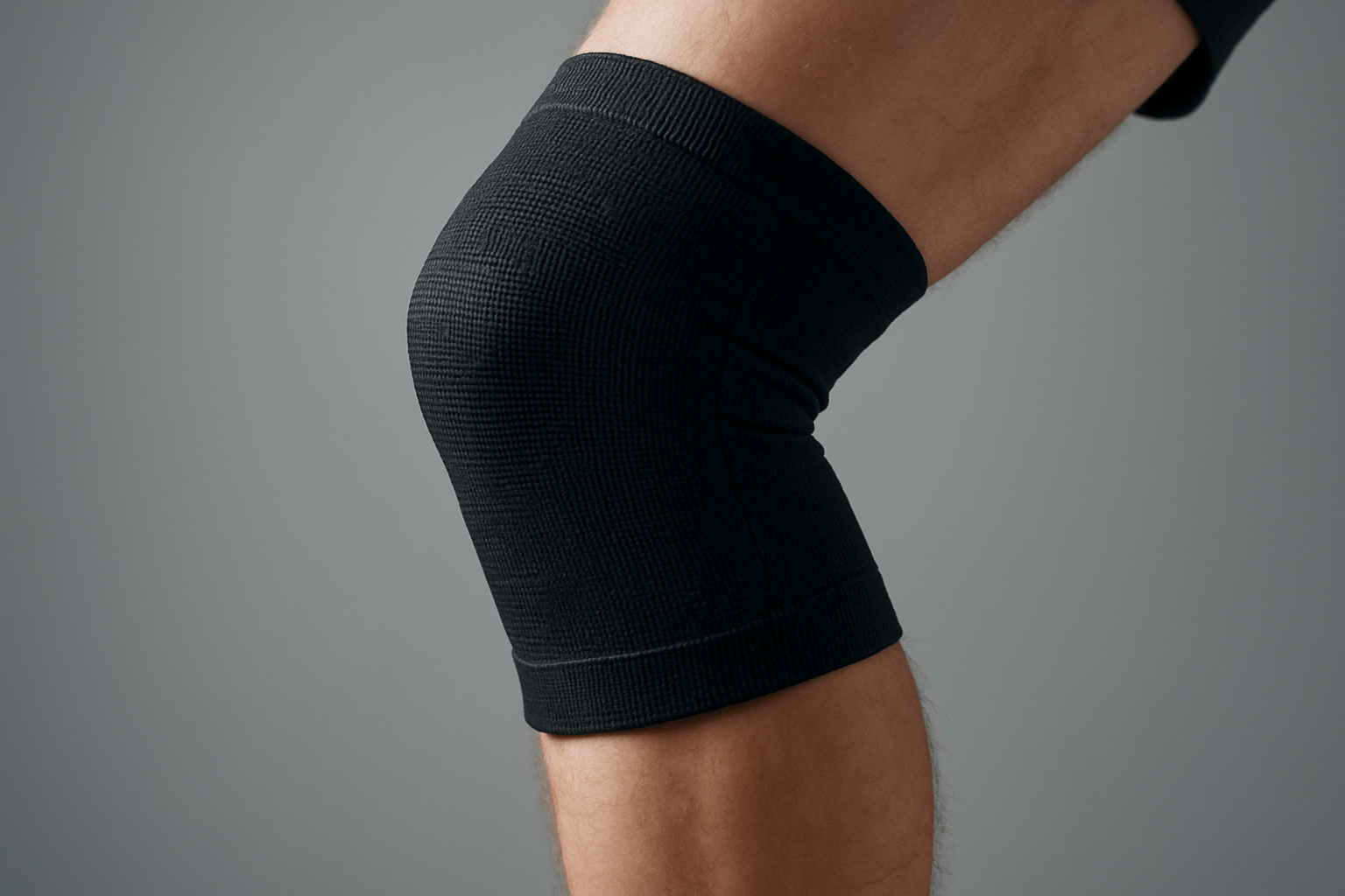 Close-up of a knee sleeve on a leg, emphasizing compression support.
