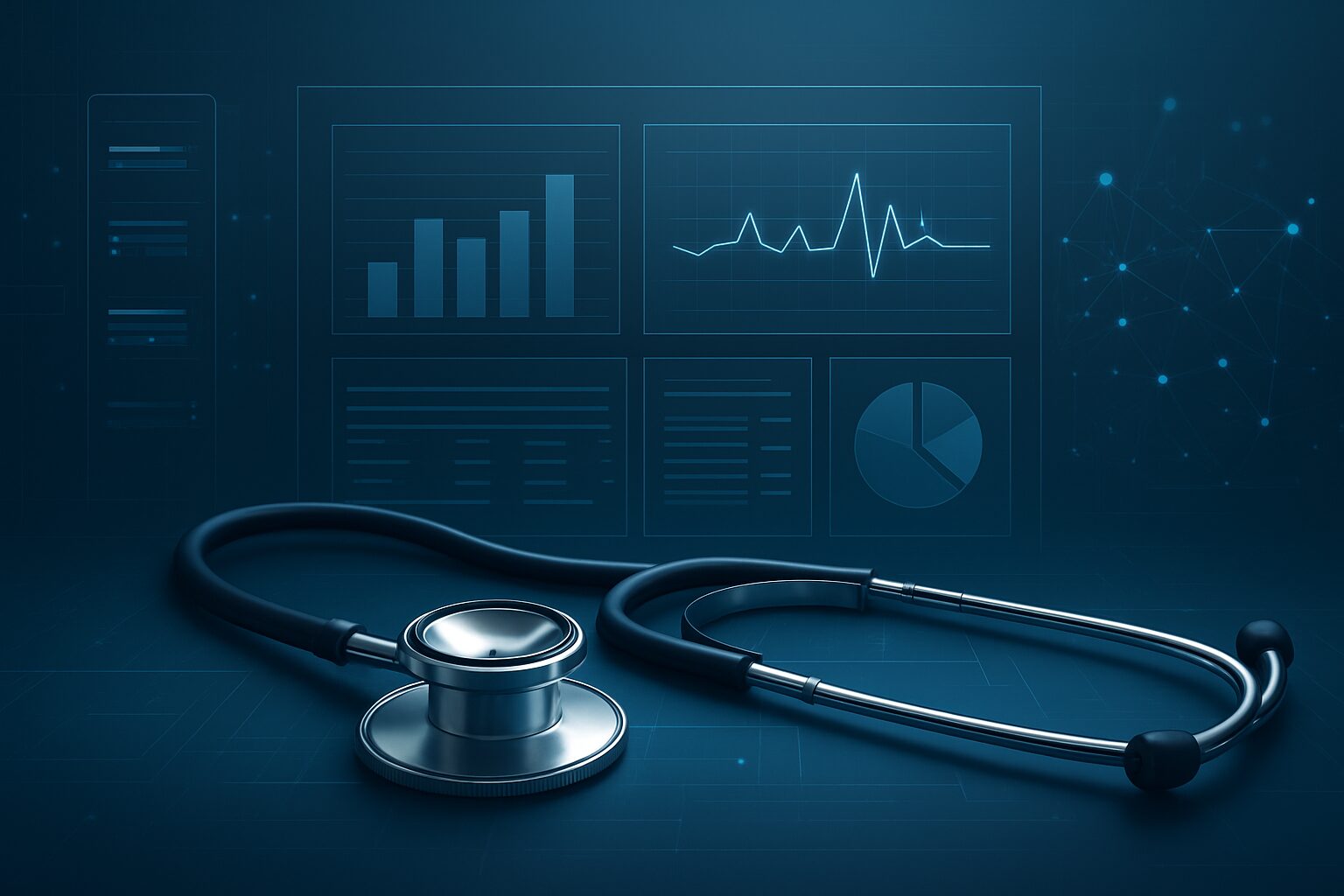 A stethoscope resting on a digital dashboard with health data visualizations in the background