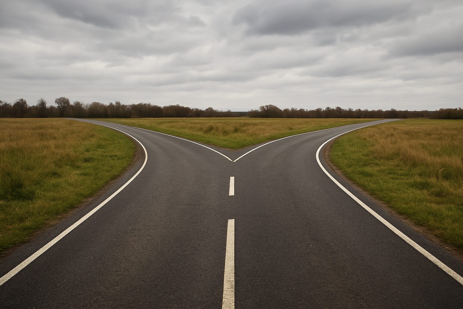 A fork in the road with grassy fields on either side under a cloudy sky.