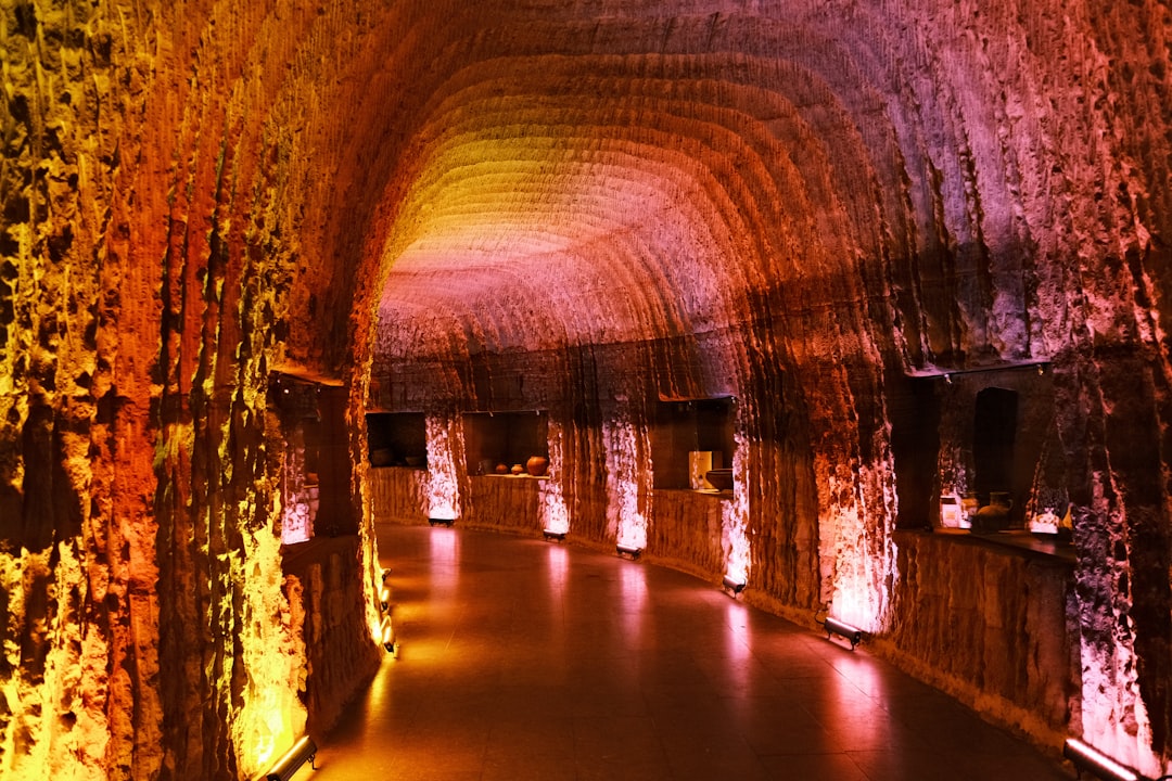 interior view of a salt cave with colorful lighting
