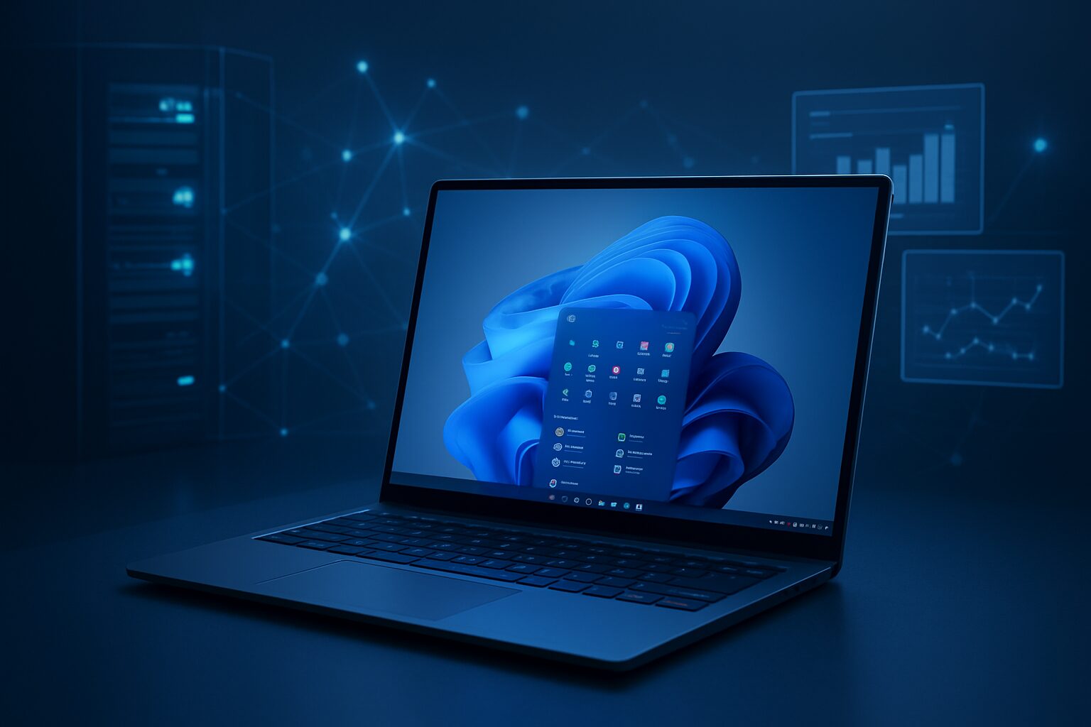 A laptop displaying the Windows 11 interface against a dark background with a digital network theme